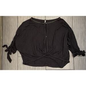 Free People Women’s Top Small ‘Keepin On Tie’ Sleeve Tee Black Button Front Boho